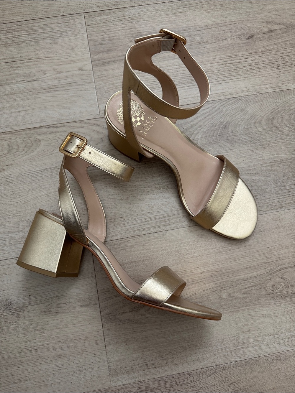 Vince Camino Metallic Gold Ankle-Strap Block Heel Sandals